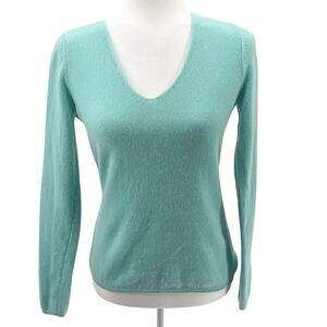 Vintage Peck & Peck Small 2-Ply Cashmere Sweater Aqua Blue V-Neck Soft Classic